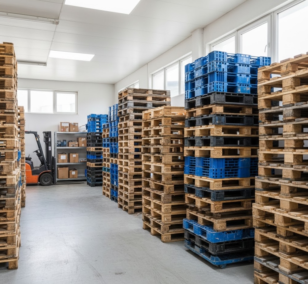 Indoor warehouse with wood and blue plastic pallets stacked floor to ceiling