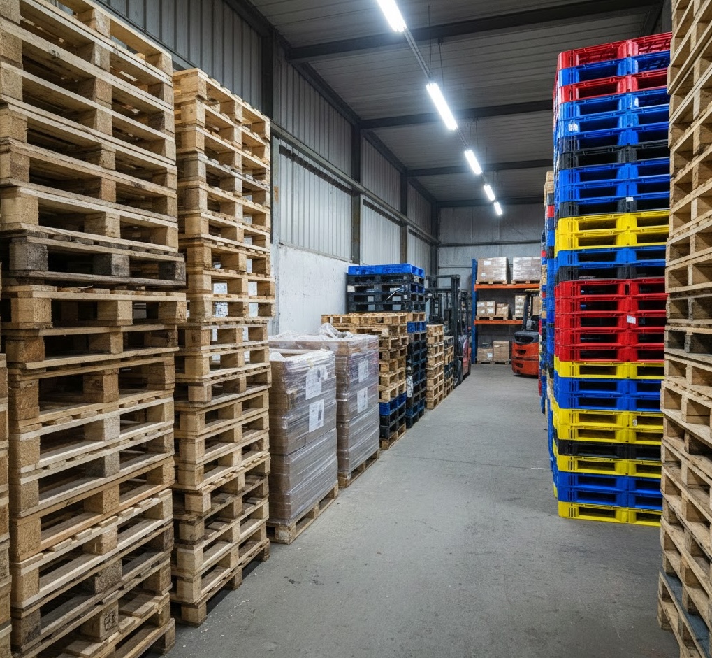 Colorful plastic and wood pallets organized in warehouse storage